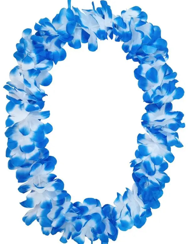 Blue Hawaiian flower lei necklace by Tropicool Clothing, great for tropical parties and costumes.