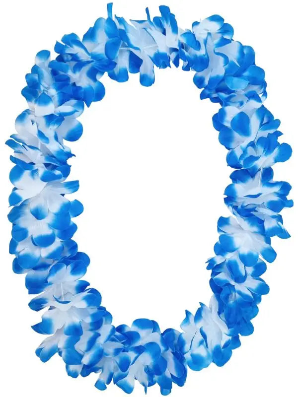 Blue Hawaiian flower lei necklace by Tropicool Clothing, great for tropical parties and costumes.