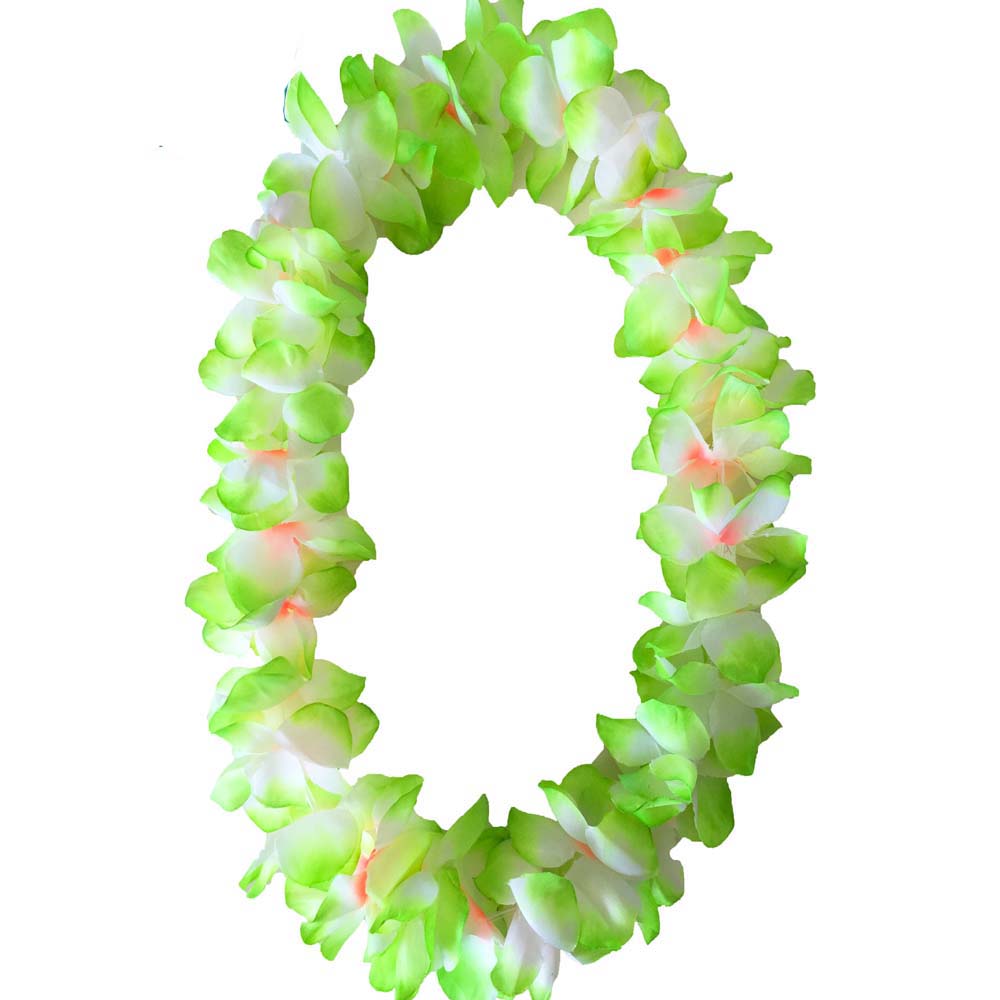 Green Hawaiian flower lei necklace from Tropicool Clothing for parties and tropical outfits