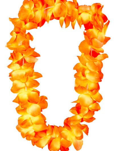Orange Hawaiian flower lei necklace from Tropicool Clothing, fun for summer events and dress-ups.