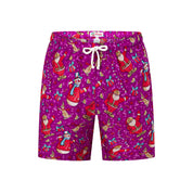 Purple adult shorts with white drawstring, Santa, snowmen, candy cane and gift print, festive holiday style. | Tropicool Clothing