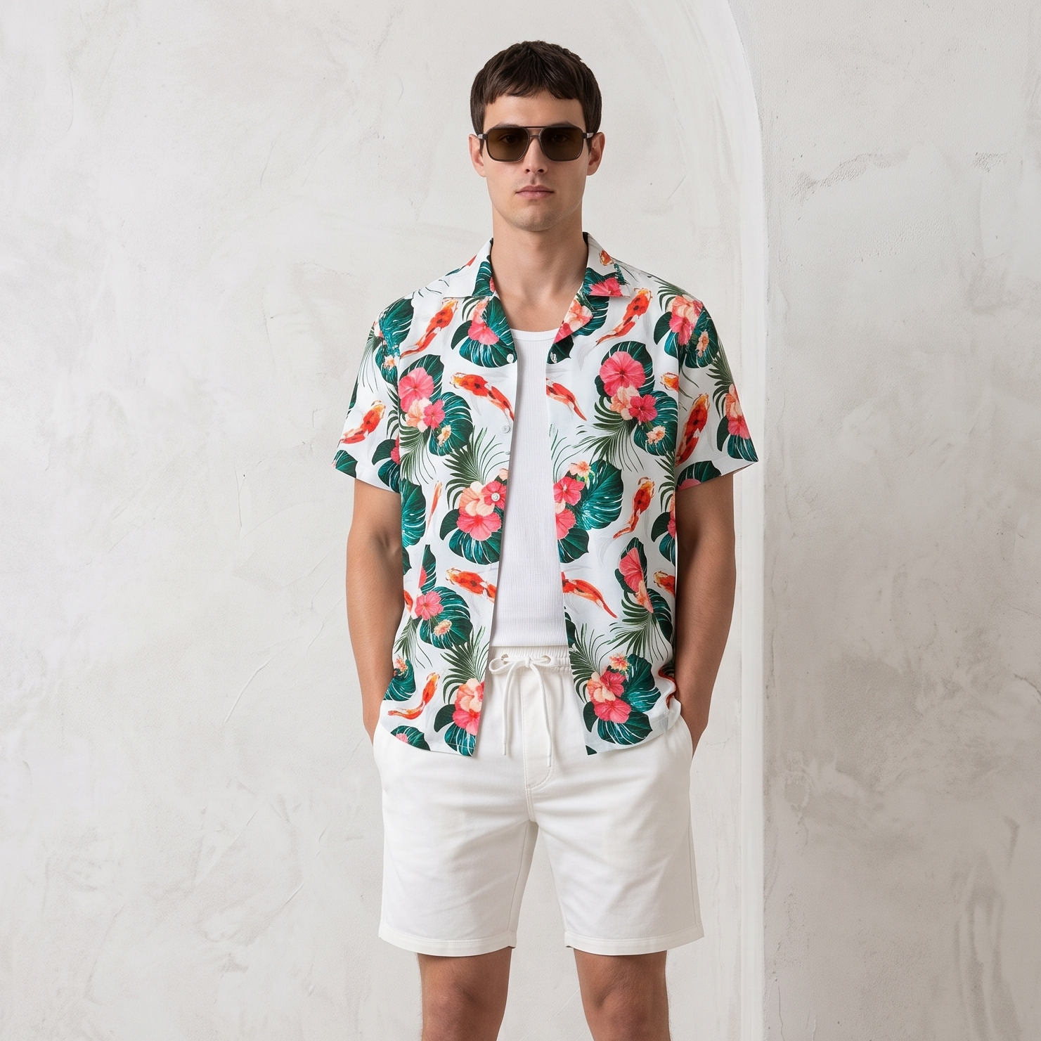 A man wearing a white short-sleeve button-up shirt with a colorful tropical floral print, white shorts, and white sneakers, standing against a textured light gray wall.