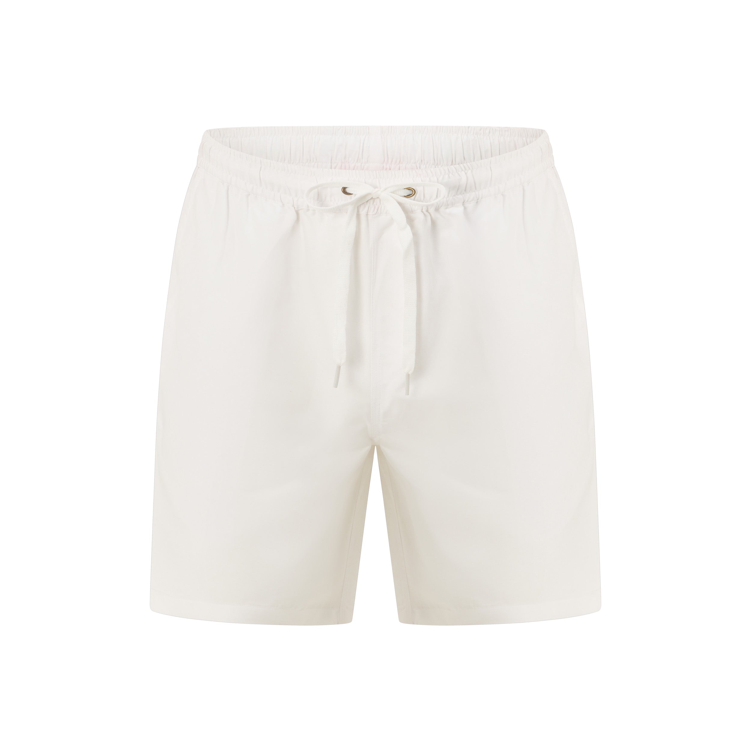 Off-white drawstring shorts with an elastic waistband, shown against a plain white background.