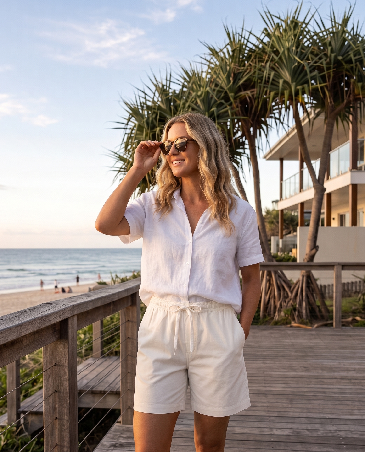 A woman stands on a wooden boardwalk by the beach wearing a white short-sleeve button-front shirt and white drawstring shorts. Palm trees, ocean, and a beach house are visible in the background.